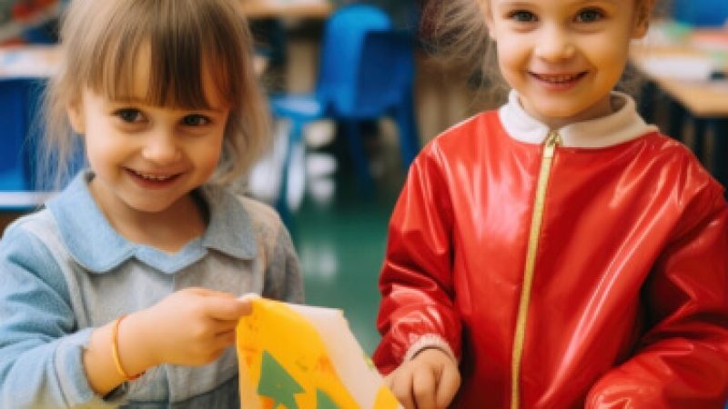 Two smiling children working together on a colourful paper craft